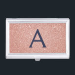 Pink Rose Gold Navy Blue Glitter Sparkle Monogram Business Card Holder<br><div class="desc">Blush Pink Rose Gold and Navy Blue Faux Glitter and Sparkle Elegant Monogram Business Card Holder. This Business Card Holder can be customized to include your initial and first name.</div>