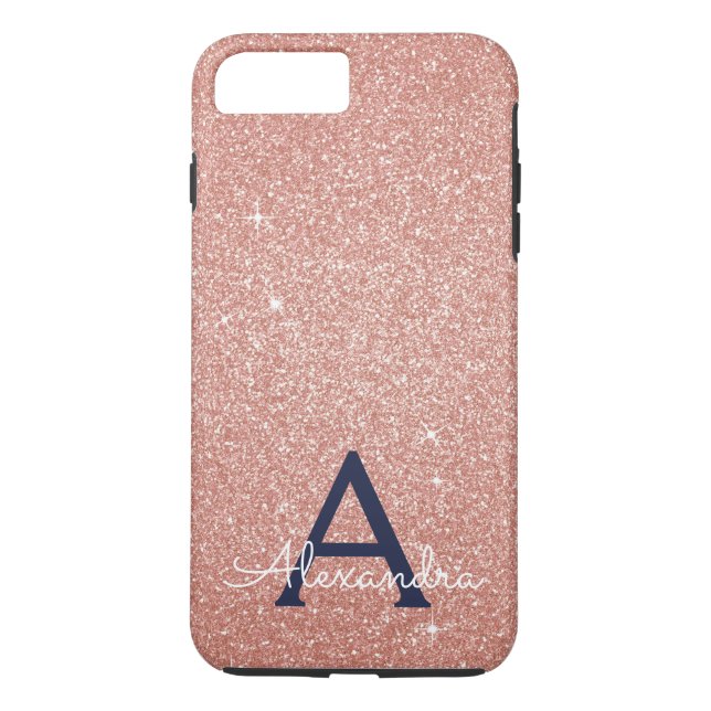 Pink Rose Gold Navy Blue Glitter Sparkle Monogram Case-Mate iPhone Case (Back)