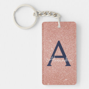 Pink Rose Gold Navy Blue Glitter Sparkle Monogram Keychain