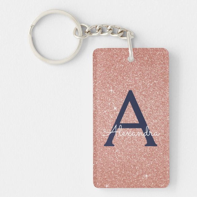 Pink Rose Gold Navy Blue Glitter Sparkle Monogram Keychain (Front)
