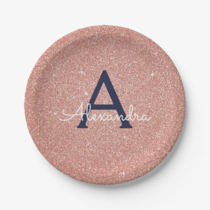 Pink Rose Gold Navy Blue Glitter Sparkle Monogram Paper Plate