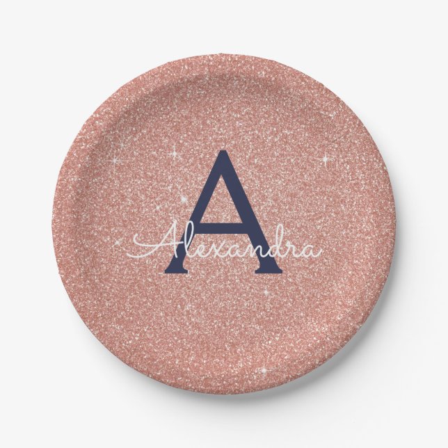 Pink Rose Gold Navy Blue Glitter Sparkle Monogram Paper Plate (Front)