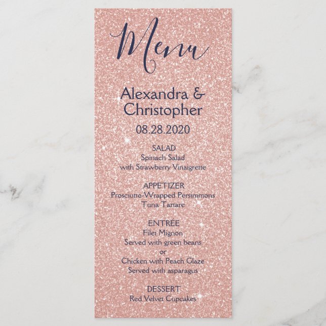 Pink Rose Gold Navy Blue Glitter Wedding Menu (Front)
