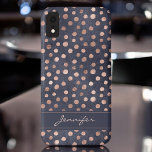 Pink Rose Gold - Navy Blue Polka Dot Pattern iPhone XR Case<br><div class="desc">Blush Pink - Rose Gold Faux Foil and Navy Blue Watercolor Background with Girly Hand Drawn Polka Dot Pattern Smart Phone Case that you can add your name - monogram to. Please contact the designer if you would like additional matching items.</div>