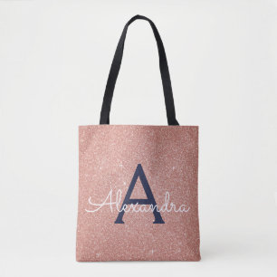 Pink Rose Gold Navy Blue Sparkle Elegant Monogram Tote Bag