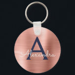 Pink Rose Gold Navy Blue Stainless Steel Monogram Keychain<br><div class="desc">Pink Rose Gold and Navy Blue Faux Stainless Steel Metallic Elegant Keychain. These Keychains can be customized to include your initial and first name. These key chains make great birthday,  bridal shower or bachelorette party favours.</div>
