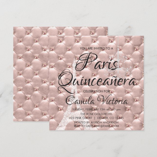 Pink Rose Gold Paris Quinceañera Celebration Invitation (Front/Back)