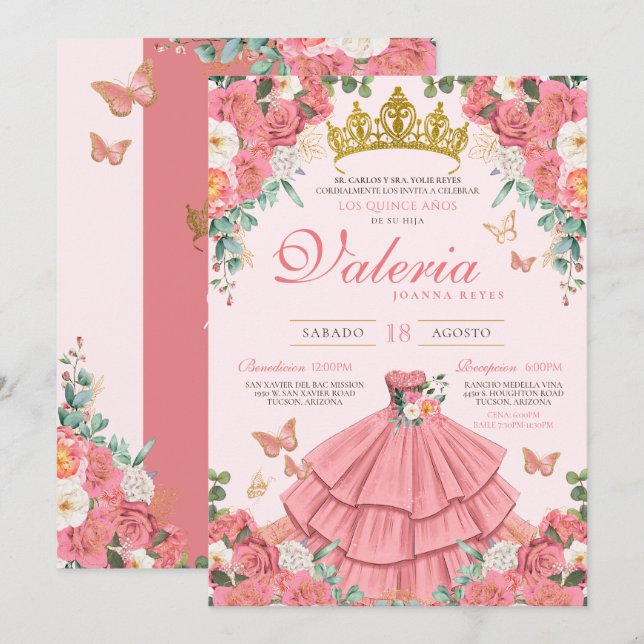 Pink Rose Gold Princess Butterfly Quinceanera  Invitation (Front/Back)