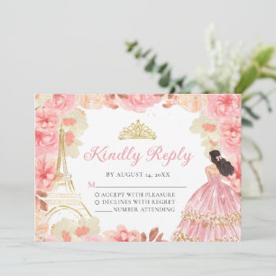 Pink Rose Gold Princess Quinceañera RSVP Card