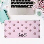 Pink rose gold queen crown name girl desk mat<br><div class="desc">A girly pink background decorated with rose gold and pink crowns for a queen.  Personalize and add your name.</div>