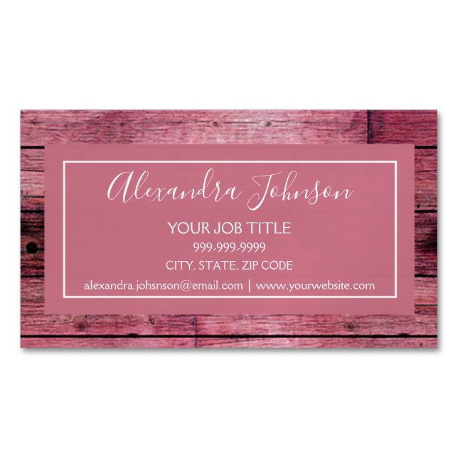Pink Rose Gold Rustic Girly Wood Magnetic Business Card (Front)