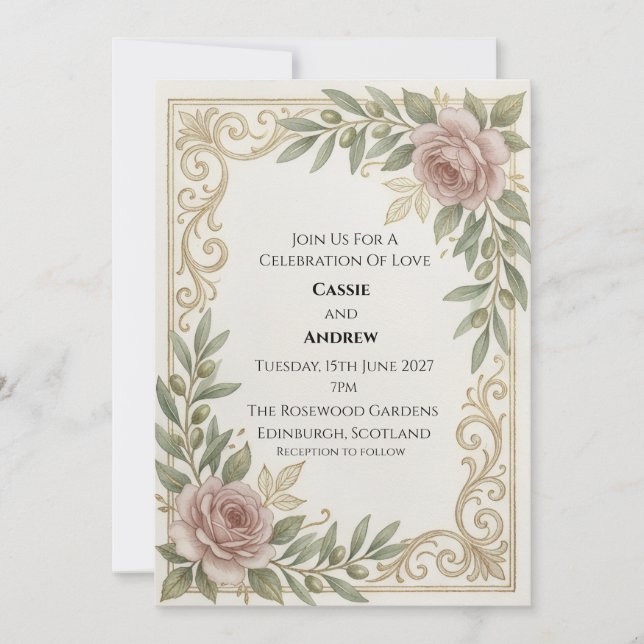 Pink Rose Gold Scroll Wedding Invite (Front)