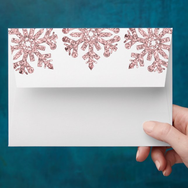 Pink Rose Gold Snowflake Winter Baby Shower Envelope (Hand)