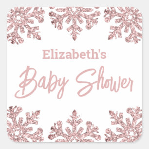 Pink Rose Gold Snowflake Winter Baby Shower Square Sticker