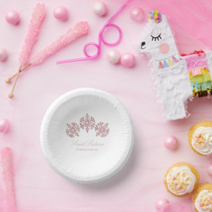 Pink Rose Gold Snowflake Winter Sweet 16 Paper Plate