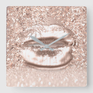 Pink Rose Gold Spark Floral Glitter Lips Foils Square Wall Clock