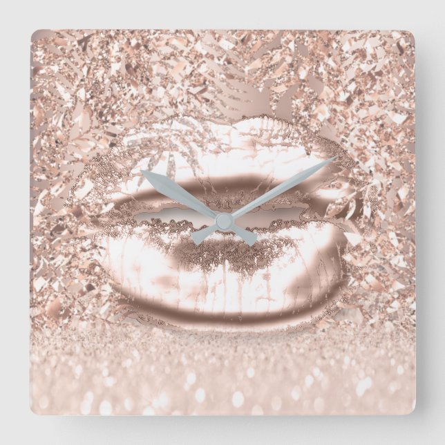 Pink Rose Gold Spark Floral Glitter Lips Foils Square Wall Clock (Front)