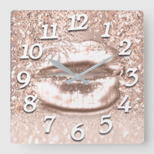 Pink Rose Gold Spark Floral Glitter Lips Numbers Square Wall Clock