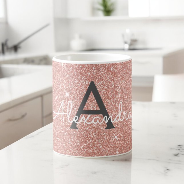 Pink - Rose Gold Sparkle Glitter Monogram Name Coffee Mug (Creator Uploaded)