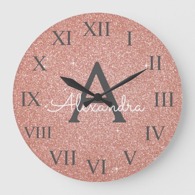 Pink Rose Gold Sparkle Glitter Monogram Name Large Clock (Front)