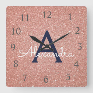 Pink - Rose Gold Sparkle Glitter Monogram Name Square Wall Clock