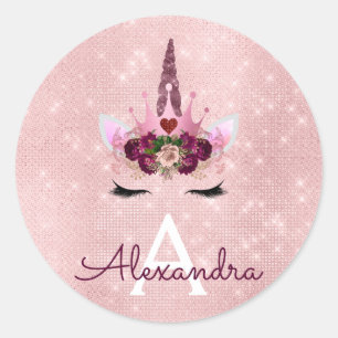 Pink Rose Gold Sparkle Unicorn Monogram Birthday Classic Round Sticker