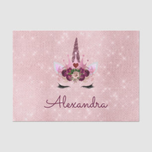 Pink Rose Gold Sparkle Unicorn Monogram Birthday Tissue Paper