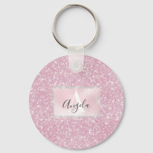 Pink Rose Gold Sparkly Glitter Monogram Girly Keychain