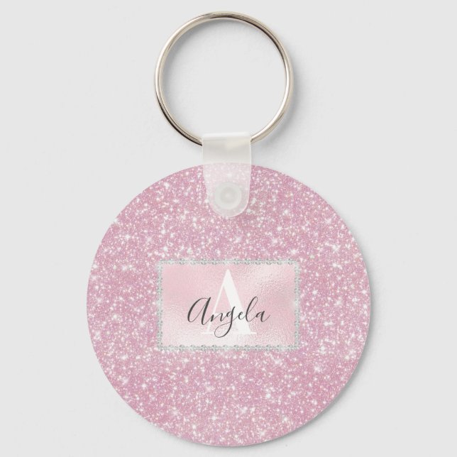 Pink Rose Gold Sparkly Glitter Monogram Girly Keychain (Front)