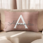 Pink Rose Gold Stainless Steel Monogram Name Lumbar Pillow<br><div class="desc">Blush Pink - Rose Gold Foil  Brushed Metal Monogram Name and Initial Pillow. The monogrammed pillow makes the perfect Bridal Shower,  Bachelorette Party,  Baby Shower,  Wedding or Sweet 16,  18th,  21st,  30th,  40th,  50th,  or 60th Birthday gift for someone decorating her room in elegant and modern rose gold.</div>