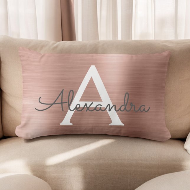 Pink Rose Gold Stainless Steel Monogram Name Lumbar Pillow (Creator Uploaded)