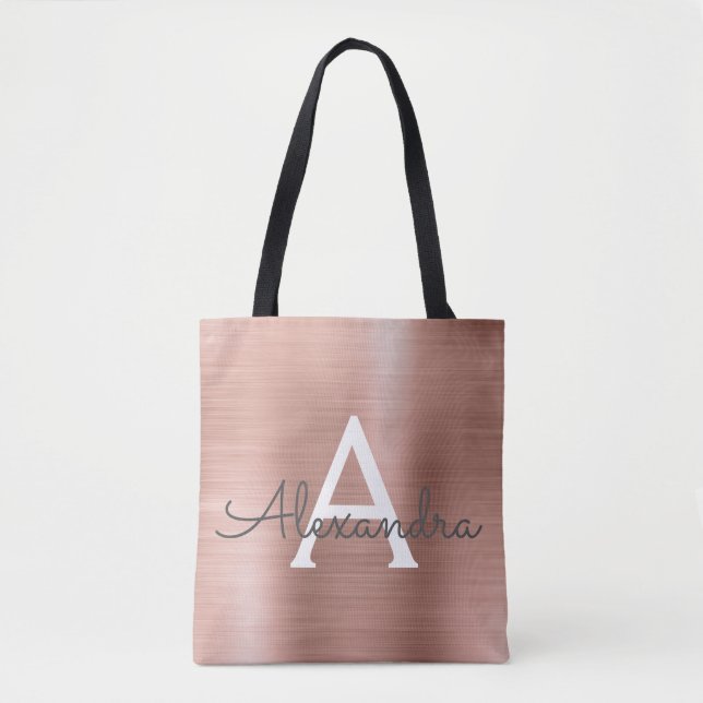 Pink Rose Gold Stainless Steel Monogram Tote Bag (Front)