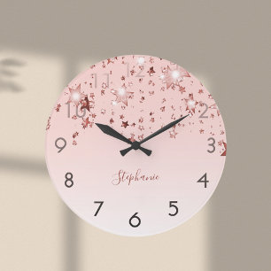 Pink rose gold stars shiny monogram large clock