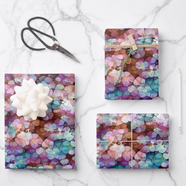 Pink Rose Gold Teal Mosaic Millefiori Flowers Wrapping Paper Sheet (Front)