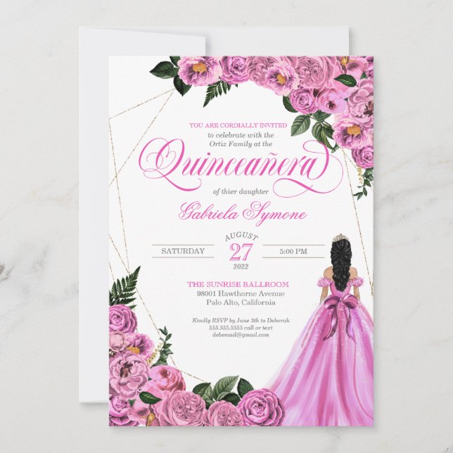 Pink Rose Gold Tiara and Ball Gown Quinceañera Invitation (Front)
