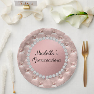 Pink Rose Gold White Pearls Quinceañera Photo Paper Plate