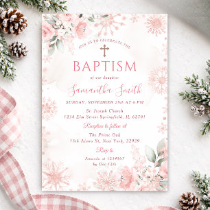 Pink Rose Gold Winter Floral Cross Girl Baptism Invitation