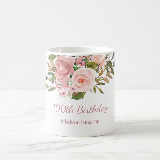 Pink Rose Gold Womans 100th Birthday Party Gift Coffee Mug (Center)
