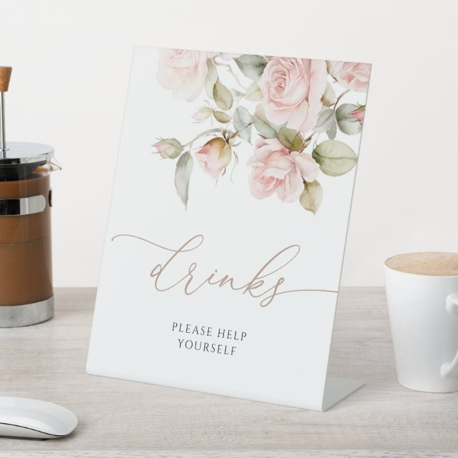 Pink Rose & Green Bridal Shower Drinks Sign (In SItu)