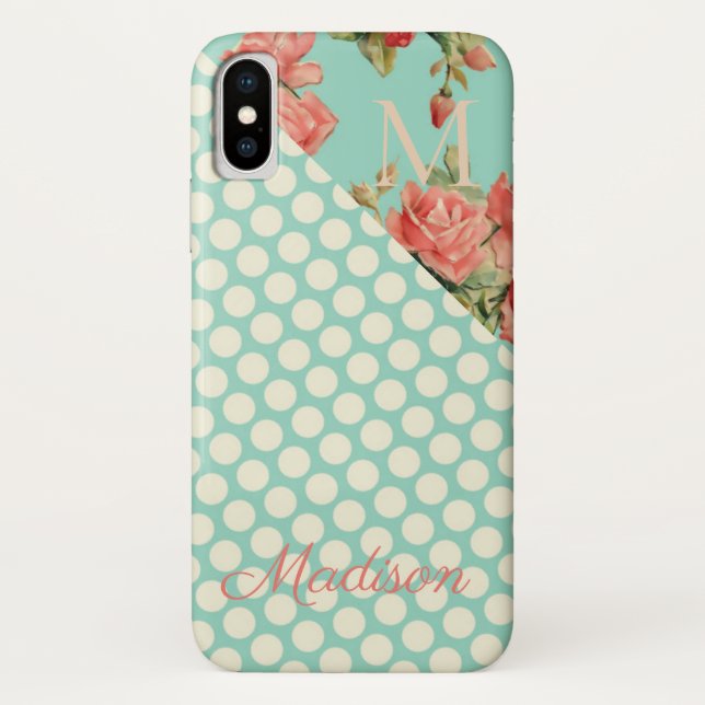 Pink Rose Green Dots Floral Monogram Initial Girly Case-Mate iPhone Case (Back)