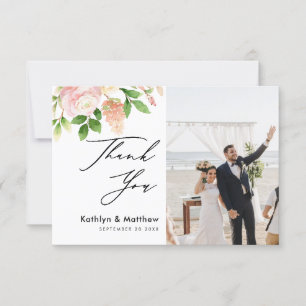 Pink Rose Greenery Elegant Script Thank You Card 