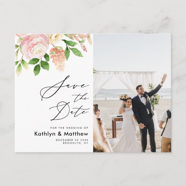 Pink Rose Greenery Elegant Wedding Save The Date Announcement Postcard (Front)