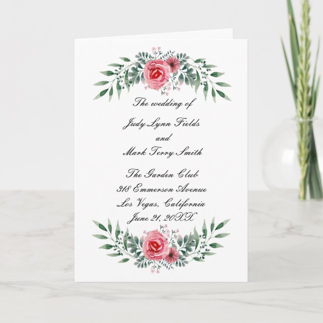 Pink Rose Greenery Foliage Wedding Program Card (Front)