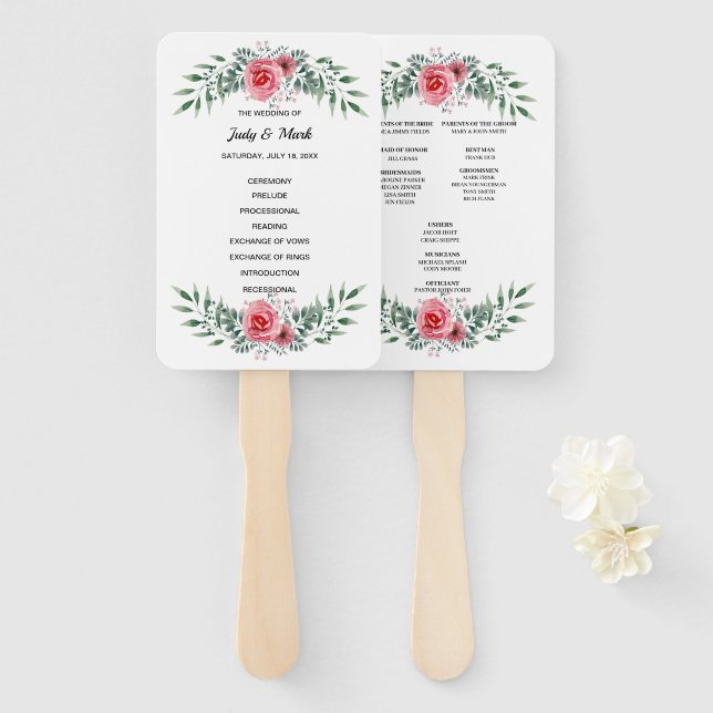 Pink Rose Greenery Foliage Wedding Program Hand Fan (Front and Back)