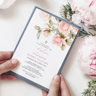Pink Rose & Greenery Leaves Baptism Invitation