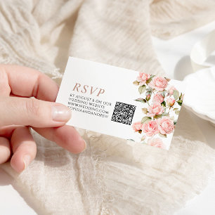 Pink Rose & Greenery Leaves Wedding QR Code RSVP Enclosure Card