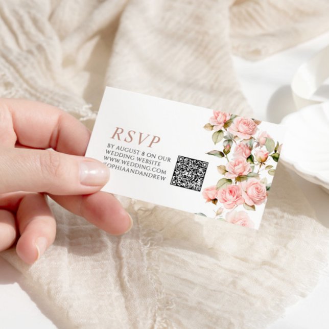 Pink Rose & Greenery Leaves Wedding QR Code RSVP Enclosure Card (Creator Uploaded)