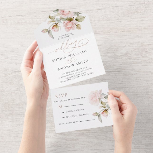 Pink Rose & Greenery Wedding  All In One Invita All In One Invitation (Tearaway)