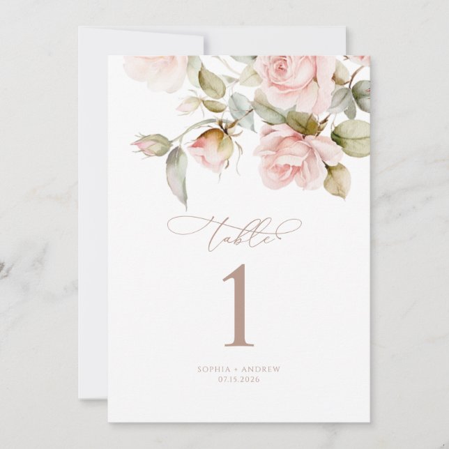 Pink Rose & Greenery Wedding Table Numbers  (Front)