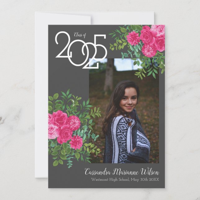 Pink Rose Grey Modern Graduation Announcement (Front)